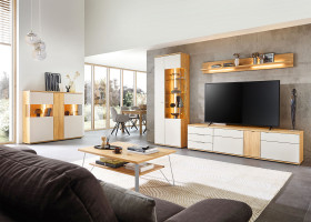 Wohnwand vito Berghe in Tonweiss matt, Balkenbuche (NB)