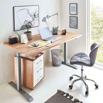 vito Pronto Büromöbel mit Korpus in Artisan-Eiche und Fronten in weiß, Tischplatt in Lichtgrau und Sonoma. Bestehend aus Rollcontainer, und Schreibtisch
